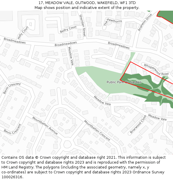 17, MEADOW VALE, OUTWOOD, WAKEFIELD, WF1 3TD: Location map and indicative extent of plot