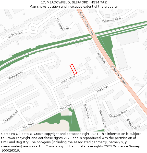 17, MEADOWFIELD, SLEAFORD, NG34 7AZ: Location map and indicative extent of plot