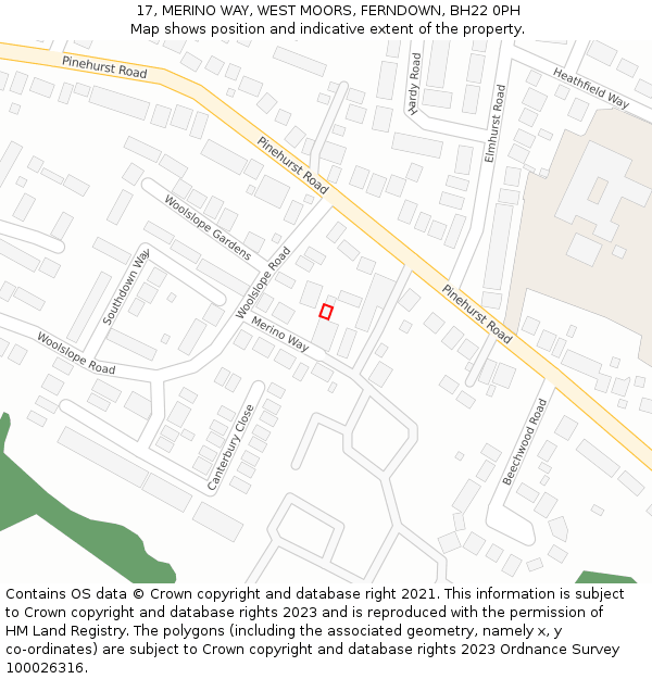 17, MERINO WAY, WEST MOORS, FERNDOWN, BH22 0PH: Location map and indicative extent of plot