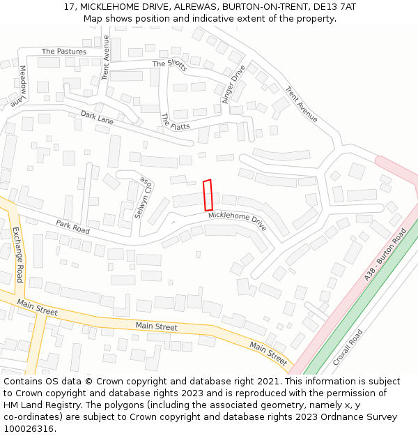 17, MICKLEHOME DRIVE, ALREWAS, BURTON-ON-TRENT, DE13 7AT: Location map and indicative extent of plot