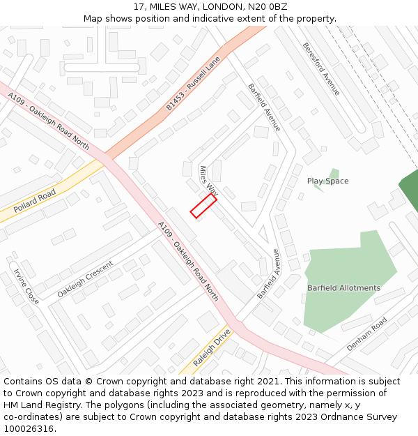 17, MILES WAY, LONDON, N20 0BZ: Location map and indicative extent of plot