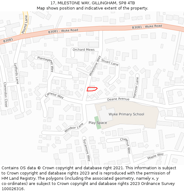 17, MILESTONE WAY, GILLINGHAM, SP8 4TB: Location map and indicative extent of plot