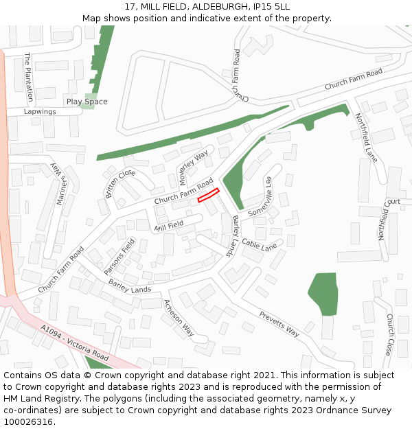 17, MILL FIELD, ALDEBURGH, IP15 5LL: Location map and indicative extent of plot