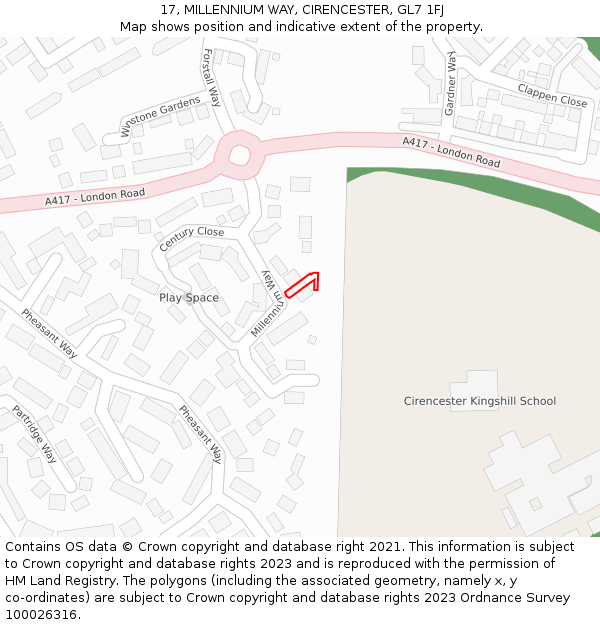 17, MILLENNIUM WAY, CIRENCESTER, GL7 1FJ: Location map and indicative extent of plot