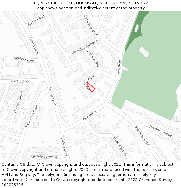 17, MINSTREL CLOSE, HUCKNALL, NOTTINGHAM, NG15 7NZ: Location map and indicative extent of plot