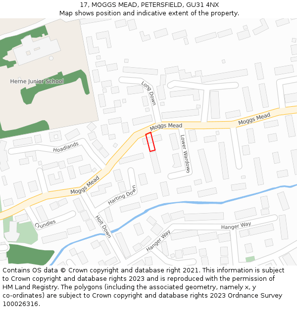 17, MOGGS MEAD, PETERSFIELD, GU31 4NX: Location map and indicative extent of plot