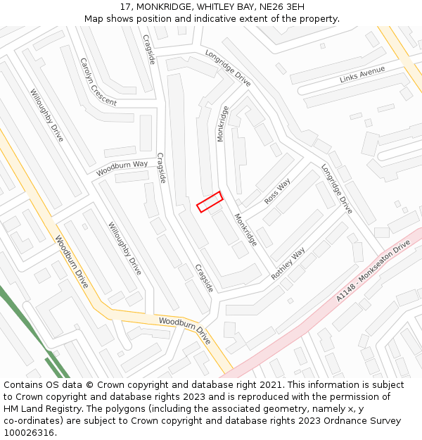 17, MONKRIDGE, WHITLEY BAY, NE26 3EH: Location map and indicative extent of plot