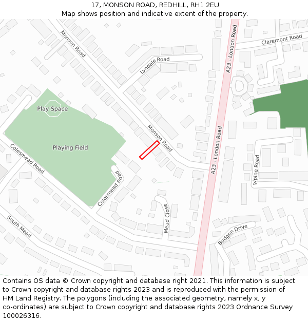 17, MONSON ROAD, REDHILL, RH1 2EU: Location map and indicative extent of plot