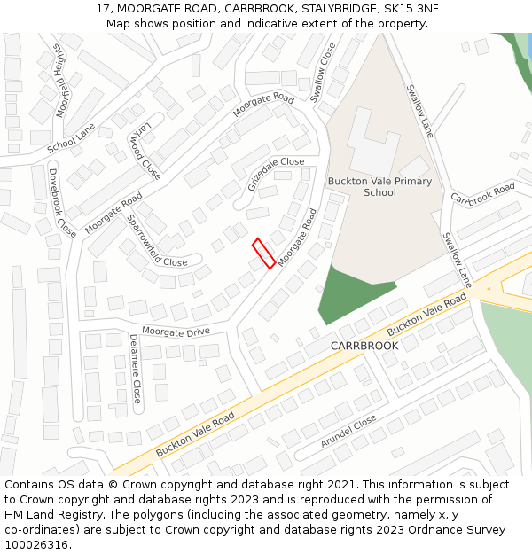 17, MOORGATE ROAD, CARRBROOK, STALYBRIDGE, SK15 3NF: Location map and indicative extent of plot