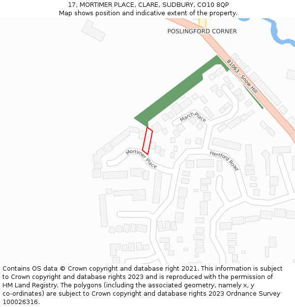 17, MORTIMER PLACE, CLARE, SUDBURY, CO10 8QP: Location map and indicative extent of plot