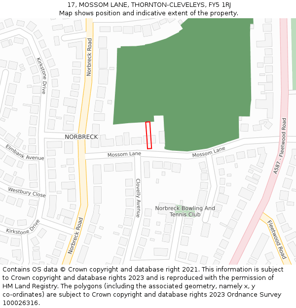 17, MOSSOM LANE, THORNTON-CLEVELEYS, FY5 1RJ: Location map and indicative extent of plot