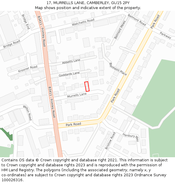 17, MURRELLS LANE, CAMBERLEY, GU15 2PY: Location map and indicative extent of plot