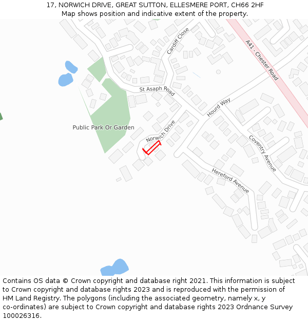 17, NORWICH DRIVE, GREAT SUTTON, ELLESMERE PORT, CH66 2HF: Location map and indicative extent of plot