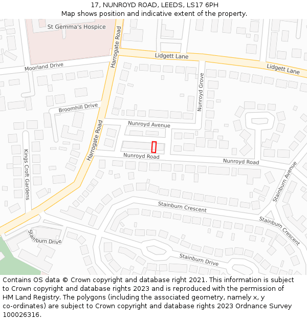 17, NUNROYD ROAD, LEEDS, LS17 6PH: Location map and indicative extent of plot