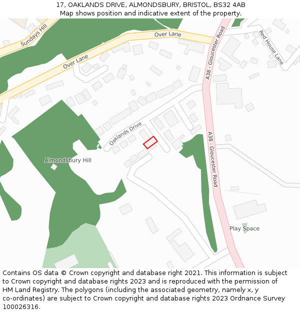 17, OAKLANDS DRIVE, ALMONDSBURY, BRISTOL, BS32 4AB: Location map and indicative extent of plot