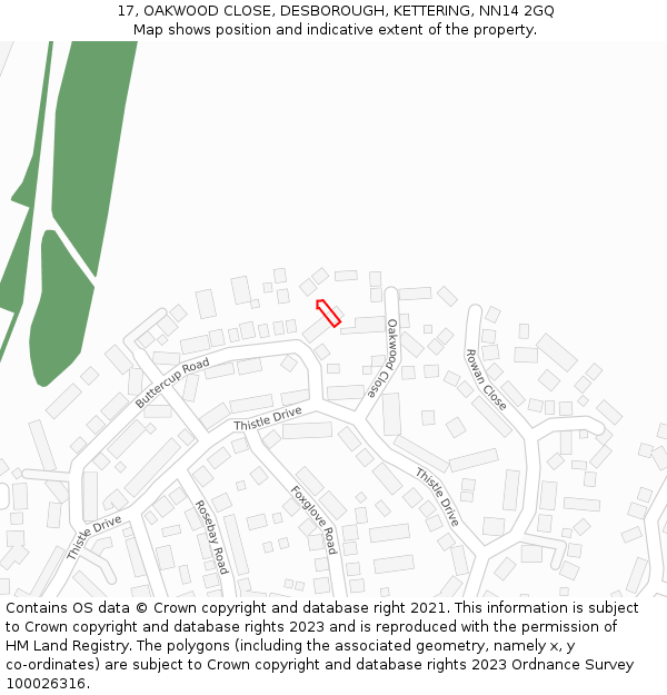 17, OAKWOOD CLOSE, DESBOROUGH, KETTERING, NN14 2GQ: Location map and indicative extent of plot