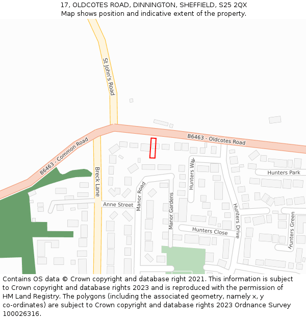 17, OLDCOTES ROAD, DINNINGTON, SHEFFIELD, S25 2QX: Location map and indicative extent of plot