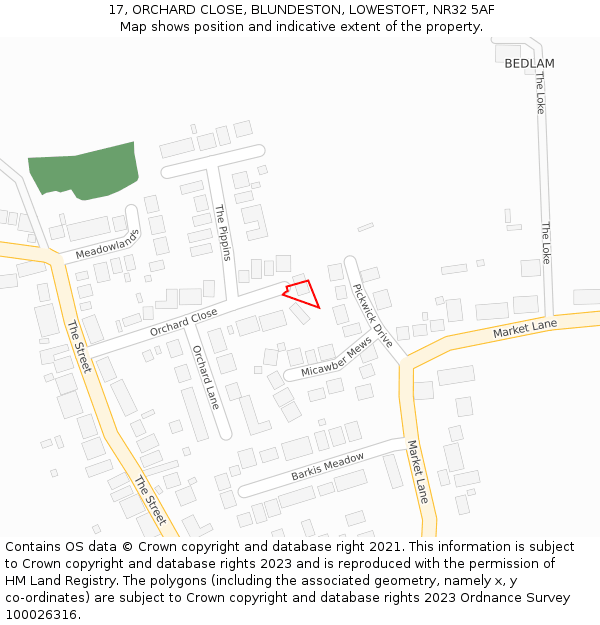 17, ORCHARD CLOSE, BLUNDESTON, LOWESTOFT, NR32 5AF: Location map and indicative extent of plot