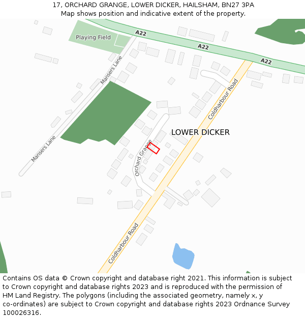 17, ORCHARD GRANGE, LOWER DICKER, HAILSHAM, BN27 3PA: Location map and indicative extent of plot