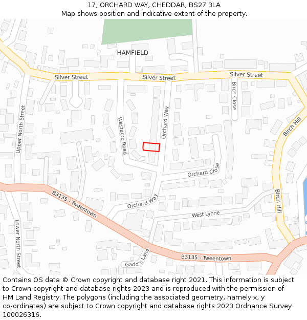 17, ORCHARD WAY, CHEDDAR, BS27 3LA: Location map and indicative extent of plot
