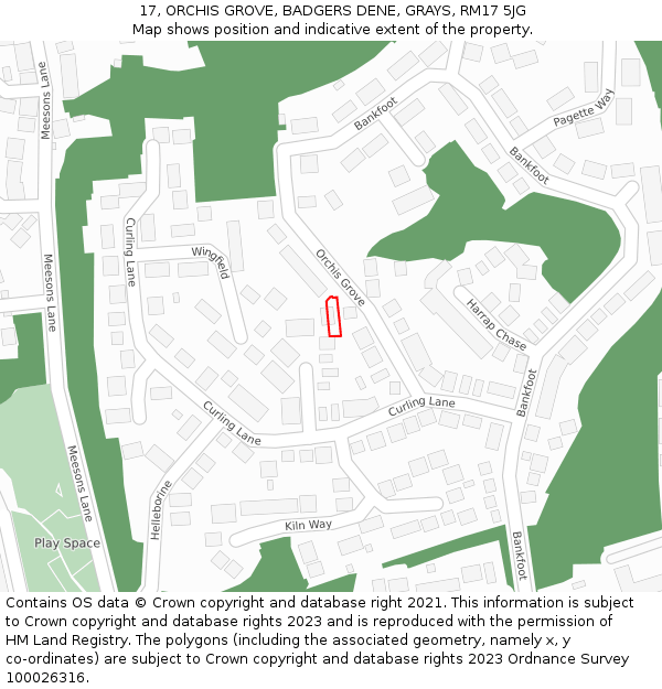 17, ORCHIS GROVE, BADGERS DENE, GRAYS, RM17 5JG: Location map and indicative extent of plot