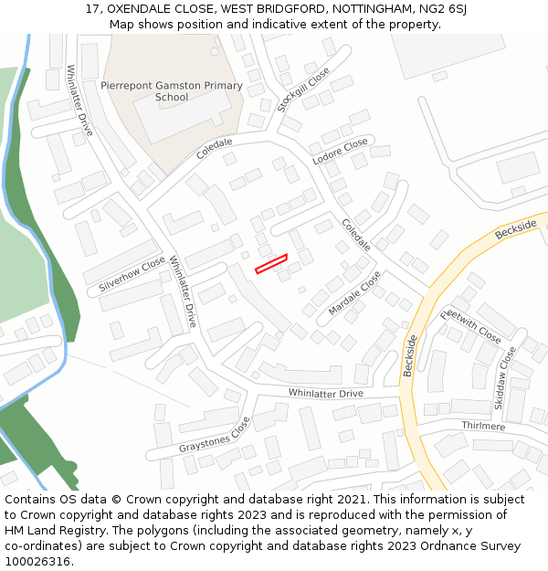 17, OXENDALE CLOSE, WEST BRIDGFORD, NOTTINGHAM, NG2 6SJ: Location map and indicative extent of plot