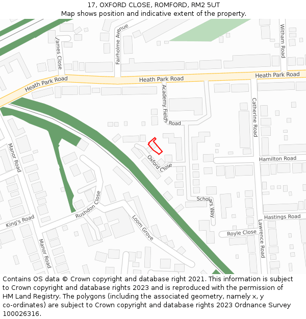 17, OXFORD CLOSE, ROMFORD, RM2 5UT: Location map and indicative extent of plot