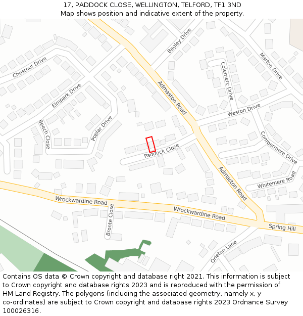 17, PADDOCK CLOSE, WELLINGTON, TELFORD, TF1 3ND: Location map and indicative extent of plot