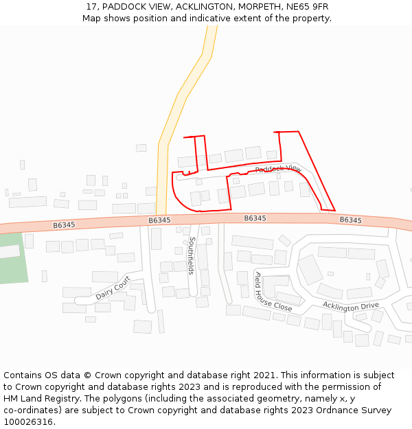 17, PADDOCK VIEW, ACKLINGTON, MORPETH, NE65 9FR: Location map and indicative extent of plot