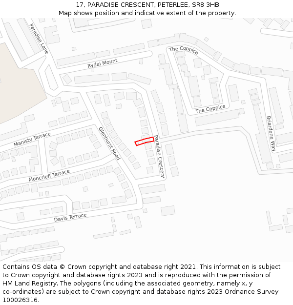 17, PARADISE CRESCENT, PETERLEE, SR8 3HB: Location map and indicative extent of plot