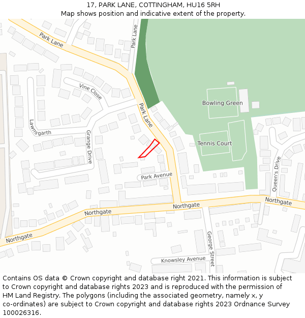 17, PARK LANE, COTTINGHAM, HU16 5RH: Location map and indicative extent of plot