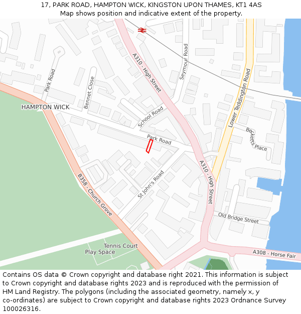 17, PARK ROAD, HAMPTON WICK, KINGSTON UPON THAMES, KT1 4AS: Location map and indicative extent of plot