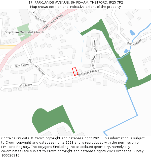 17, PARKLANDS AVENUE, SHIPDHAM, THETFORD, IP25 7PZ: Location map and indicative extent of plot