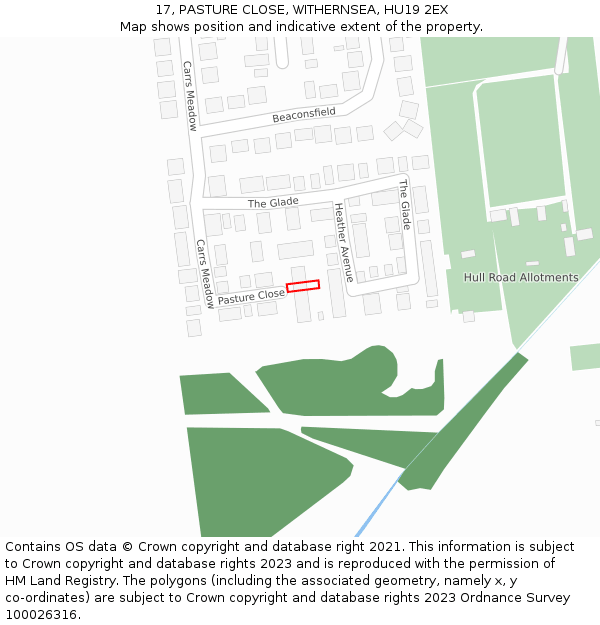 17, PASTURE CLOSE, WITHERNSEA, HU19 2EX: Location map and indicative extent of plot