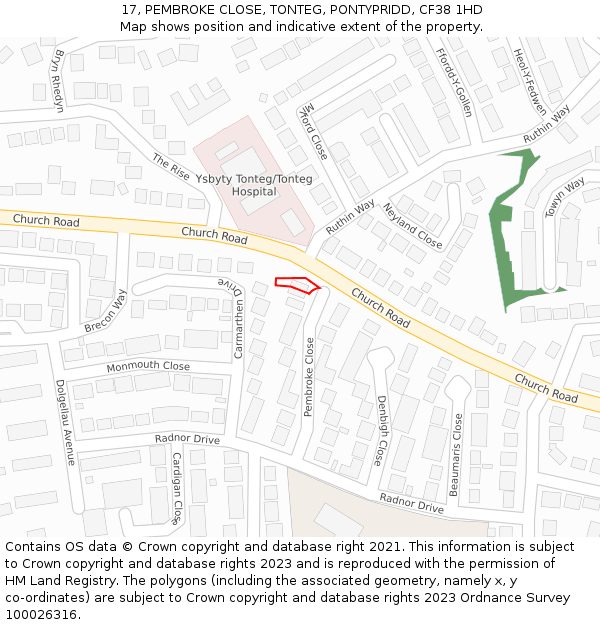 17, PEMBROKE CLOSE, TONTEG, PONTYPRIDD, CF38 1HD: Location map and indicative extent of plot