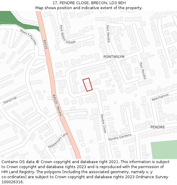 17, PENDRE CLOSE, BRECON, LD3 9EH: Location map and indicative extent of plot