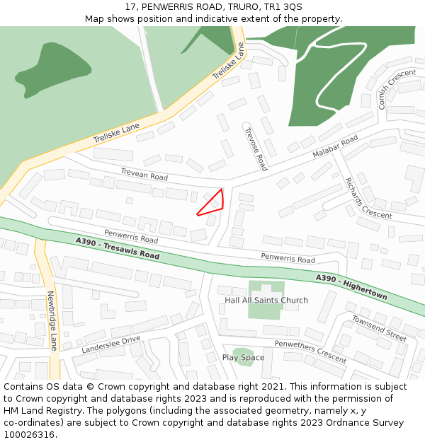 17, PENWERRIS ROAD, TRURO, TR1 3QS: Location map and indicative extent of plot