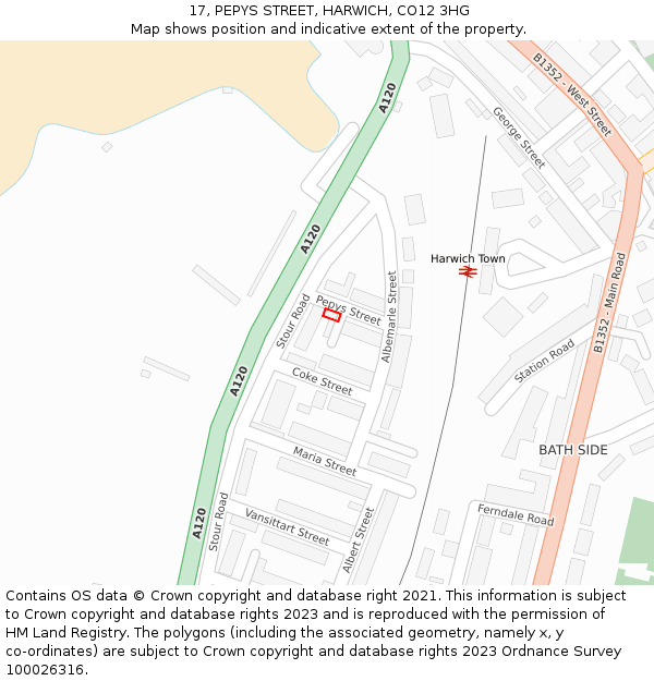 17, PEPYS STREET, HARWICH, CO12 3HG: Location map and indicative extent of plot