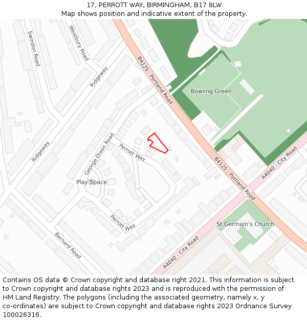 17, PERROTT WAY, BIRMINGHAM, B17 8LW: Location map and indicative extent of plot