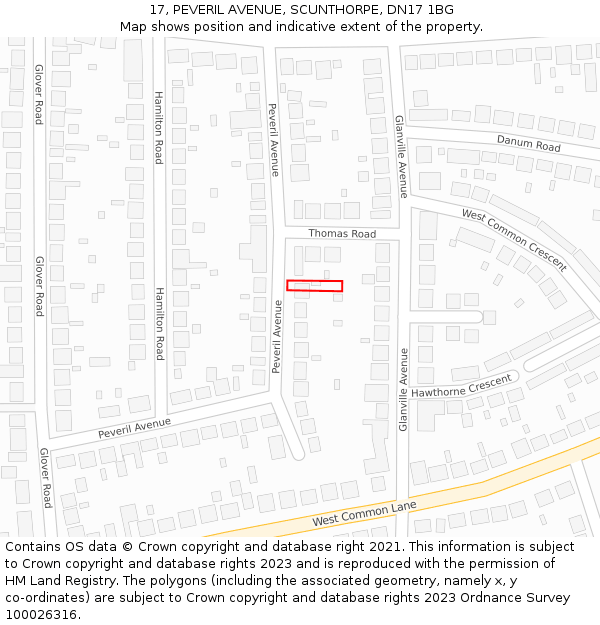 17, PEVERIL AVENUE, SCUNTHORPE, DN17 1BG: Location map and indicative extent of plot