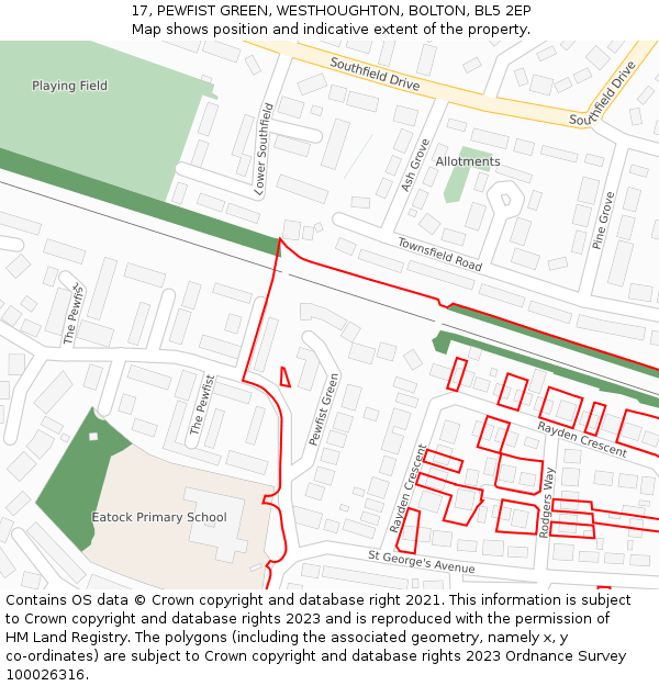 17, PEWFIST GREEN, WESTHOUGHTON, BOLTON, BL5 2EP: Location map and indicative extent of plot