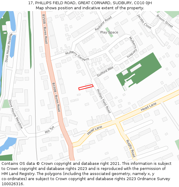 17, PHILLIPS FIELD ROAD, GREAT CORNARD, SUDBURY, CO10 0JH: Location map and indicative extent of plot