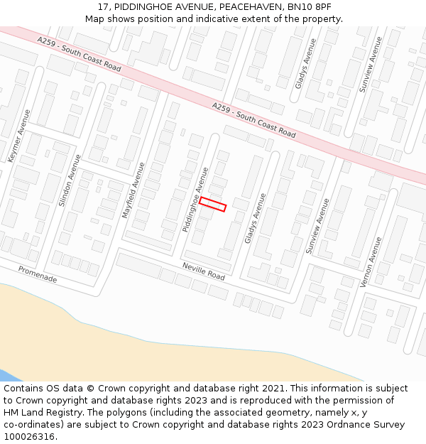 17, PIDDINGHOE AVENUE, PEACEHAVEN, BN10 8PF: Location map and indicative extent of plot