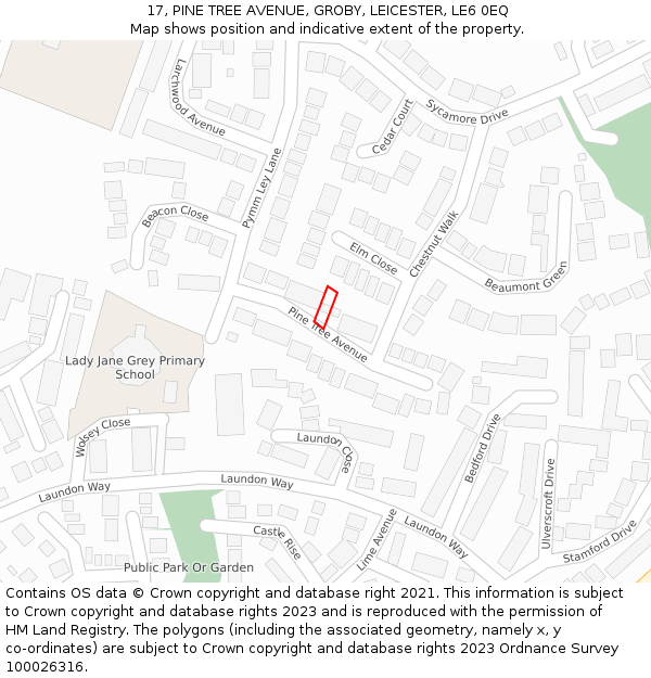 17, PINE TREE AVENUE, GROBY, LEICESTER, LE6 0EQ: Location map and indicative extent of plot