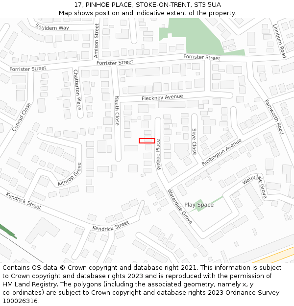 17, PINHOE PLACE, STOKE-ON-TRENT, ST3 5UA: Location map and indicative extent of plot