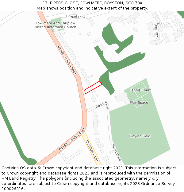 17, PIPERS CLOSE, FOWLMERE, ROYSTON, SG8 7RX: Location map and indicative extent of plot