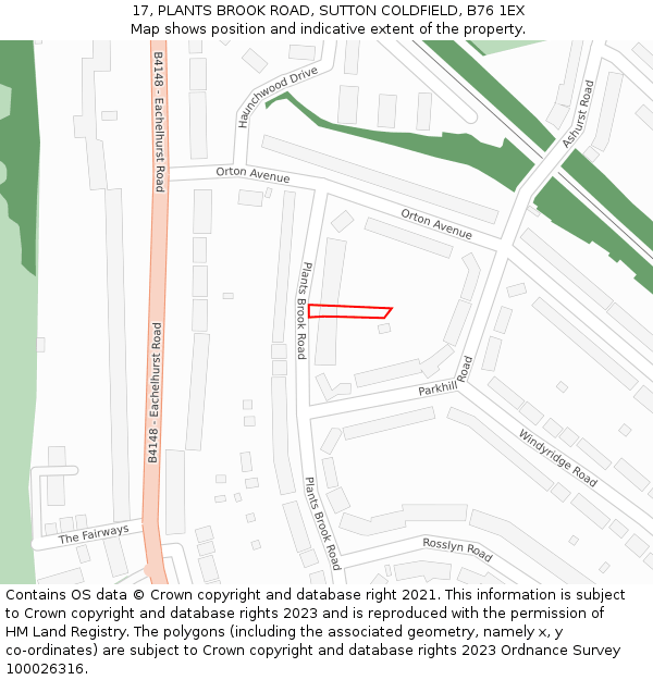 17, PLANTS BROOK ROAD, SUTTON COLDFIELD, B76 1EX: Location map and indicative extent of plot