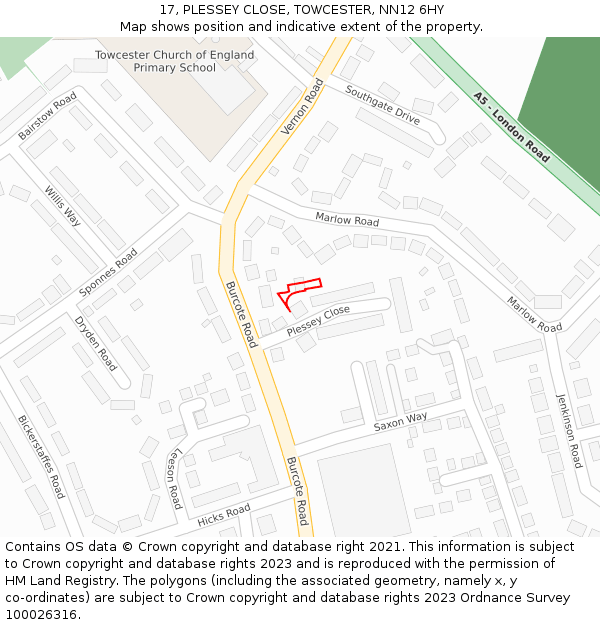 17, PLESSEY CLOSE, TOWCESTER, NN12 6HY: Location map and indicative extent of plot