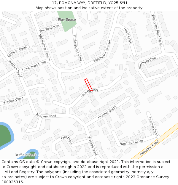 17, POMONA WAY, DRIFFIELD, YO25 6YH: Location map and indicative extent of plot