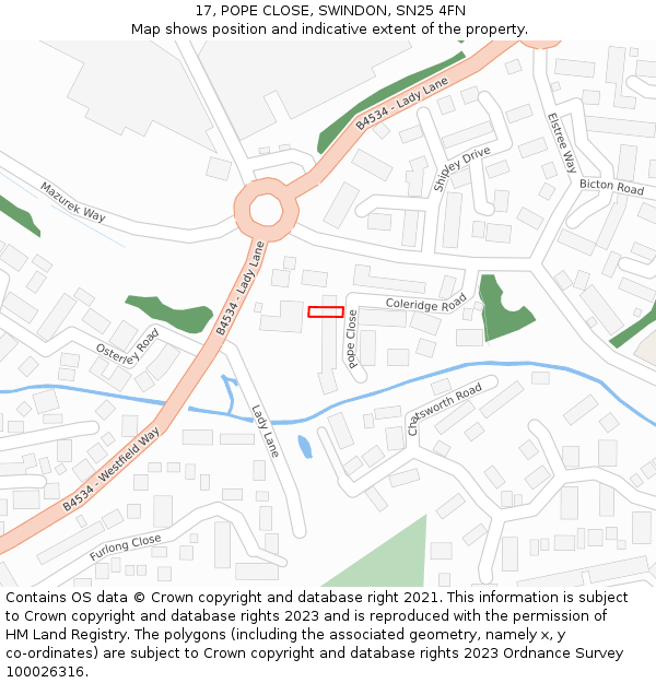 17, POPE CLOSE, SWINDON, SN25 4FN: Location map and indicative extent of plot